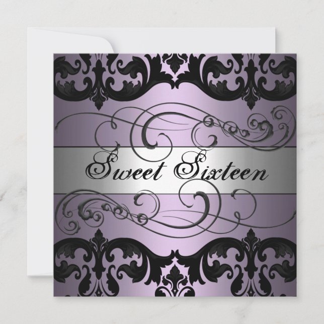 Purple/Silver Damask Sweet 16 Birthday Invitation (Front)