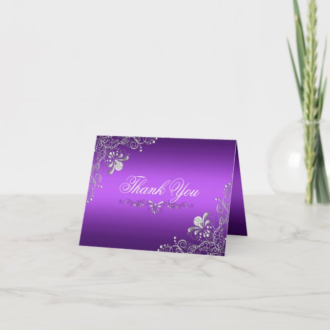 Purple & Silver Damask Thank You Card (Front)