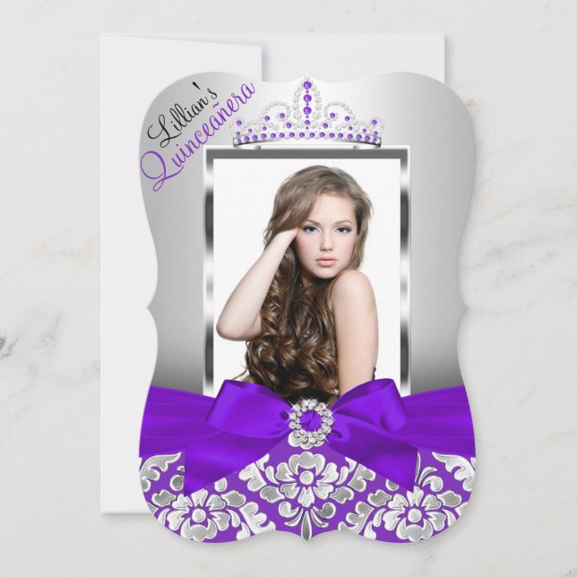 Purple Silver Damask & Tiara Photo Quinceanera Invitation (Front)