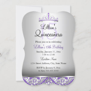 Purple Silver Damask & Tiara Quinceanera Invite