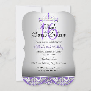 Purple Silver Damask & Tiara Sweet 16 Invite