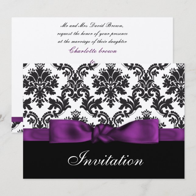 purple silver damask wedding invitation (Front/Back)