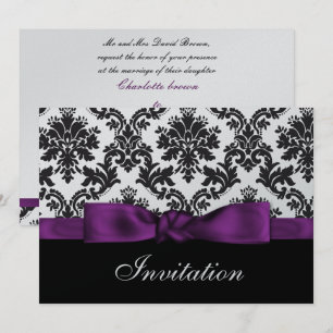 purple silver damask wedding invitation