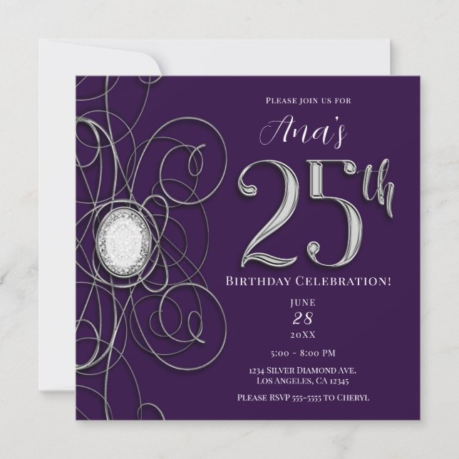 Purple & Silver Diamond 25 25th Birthday Party Invitation (Front)