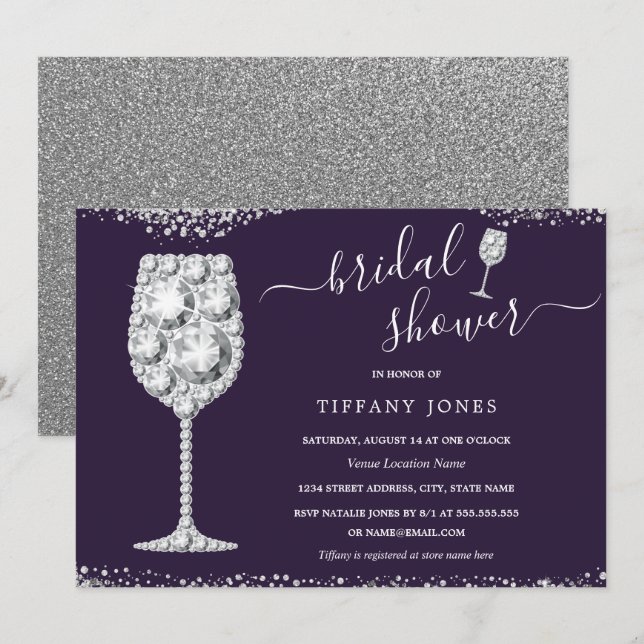 Purple Silver Diamond Bubbly Bridal Shower  Invitation (Front/Back)