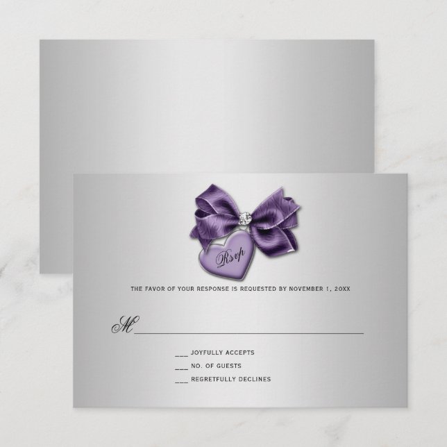 Purple Silver Diamond Heart Locket RSVP Card (Front/Back)