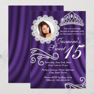 Purple Silver Diamond Tiara Photo Quinceanera Invitation