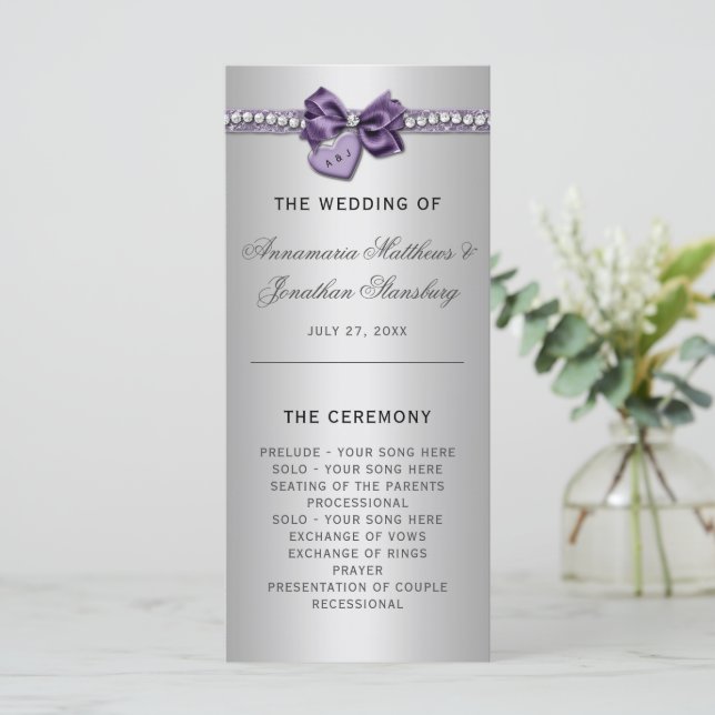 Purple Silver Diamonds Heart Wedding Program (Standing Front)