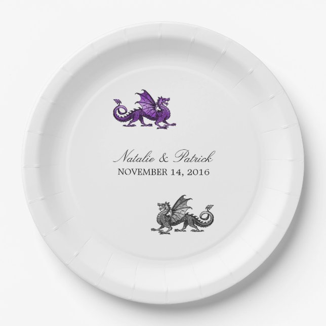 Purple Silver Dragon Wedding Paper Plates (Front)