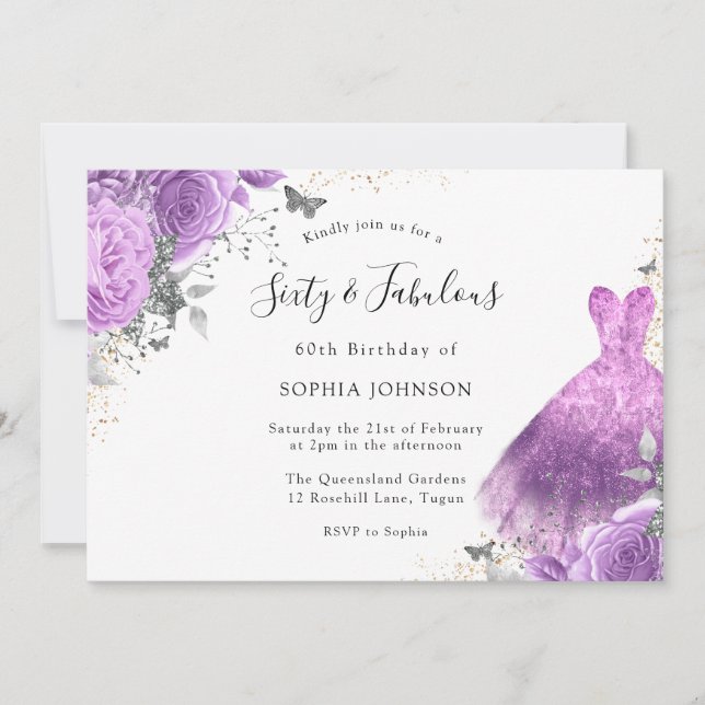 Purple Silver Dress & Rose Butterfly 60th Birthday Invitation (Front)