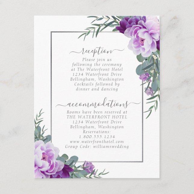 Purple & Silver Elegant Floral Wedding Details Enclosure Card (Front)