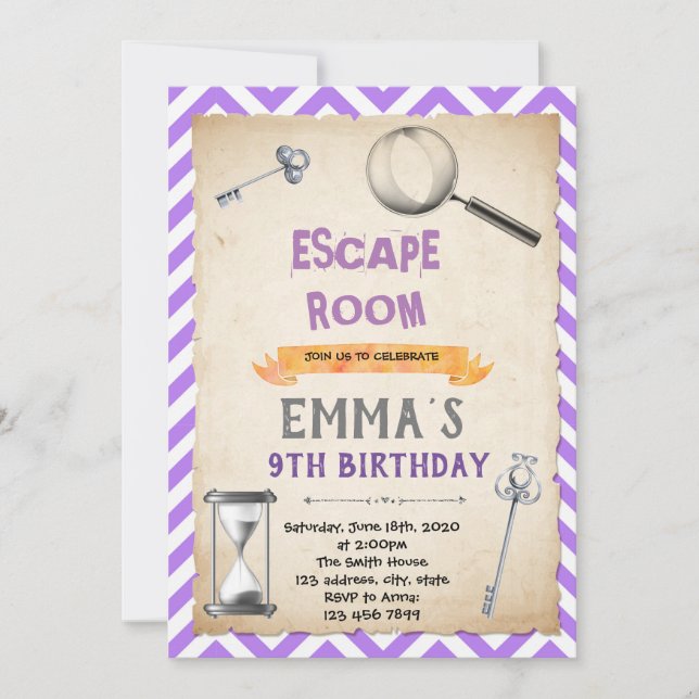 Purple silver escape room birthday party invitation (Front)