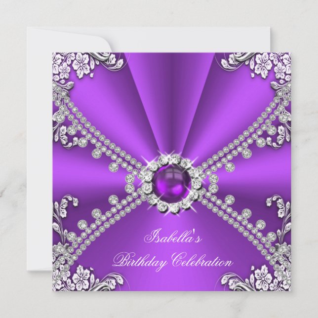 Purple Silver Faux Diamond Jewel Birthday Party Invitation (Front)