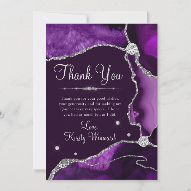 Purple & Silver Faux Glitter Agate Quinceanera Thank You Card (Front)