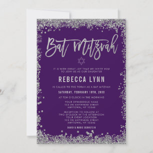 Purple Silver Faux Glitter Bat Mitzvah Invitation
