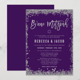 Purple Silver Faux Glitter B'nai Mitzvah Invitation