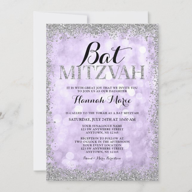 Purple Silver Faux Glitter Lights Bat Mitzvah Invitation (Front)