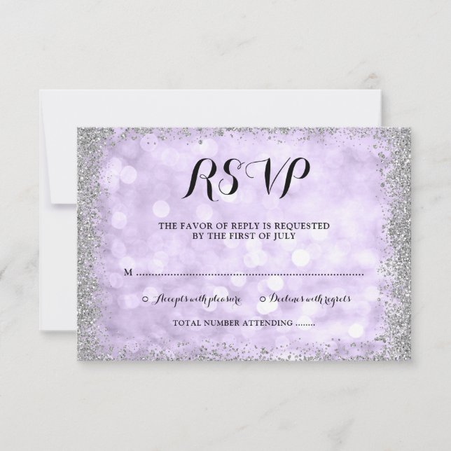 Purple Silver Faux Glitter Lights Bat Mitzvah RSVP Card (Front)