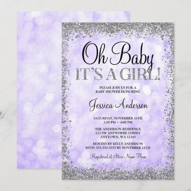 Purple Silver Faux Glitter Lights Girl Baby Shower Invitation (Front/Back)
