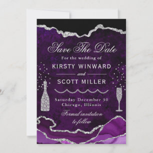 Purple & Silver Faux Glitter Marble Agate Wedding Save The Date