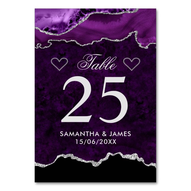 Purple & Silver Faux Glitter Marble Agate Wedding Table Number (Front)