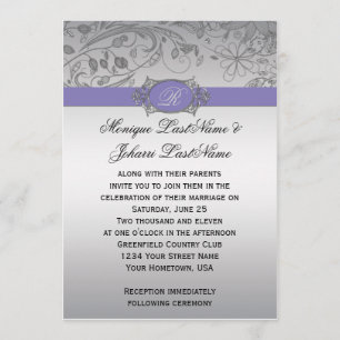Purple Silver Filigree Monogram Wedding Invitation