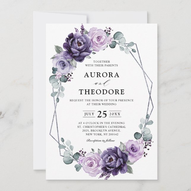 Purple Silver Floral Blooms Geometric Wedding      Invitation (Front)