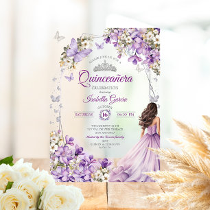Purple Silver Floral Butterflies Quinceañera Acrylic Invitations