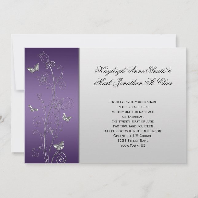 Purple Silver Floral Butterflies Wedding Invitation (Front)
