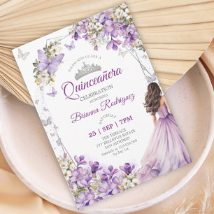 Purple Silver Floral Butterfly Quinceañera Invitation