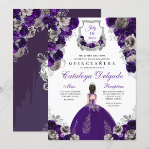 Purple & Silver Floral Elegant Quinceañera Invitation
