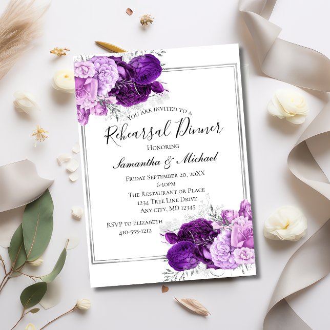 Purple Silver Floral Elegant Rehearsal Dinner Invitation (Purple Silver Elegant Wedding Rehearsal Dinner Invitation. Printed or Instant Digital download)