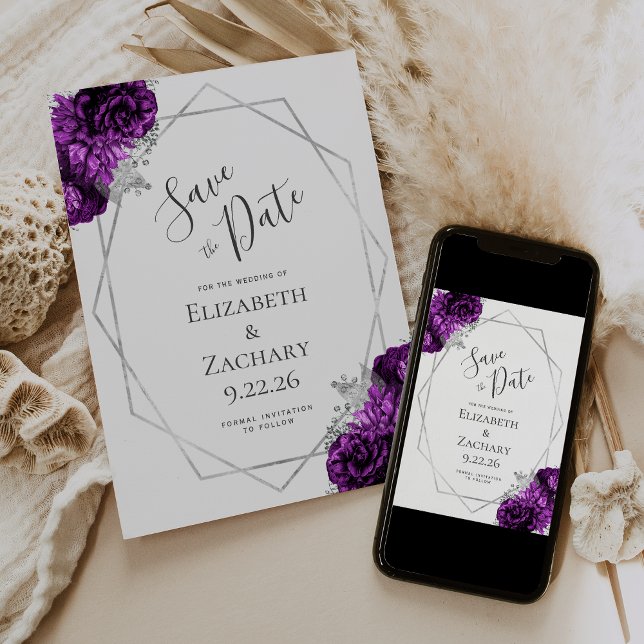 Purple Silver Floral Geometric White Save the Date (Creator Uploaded)