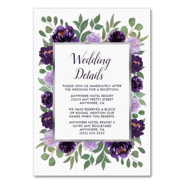 Purple Silver Floral Green Wedding Enclosure Cards (Front)