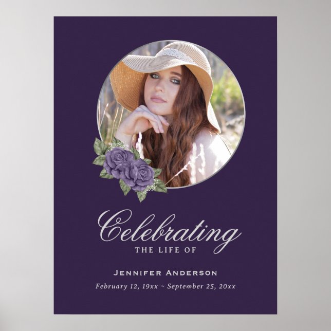 Purple Silver Floral Photo Memorial Funeral Sign (Front)