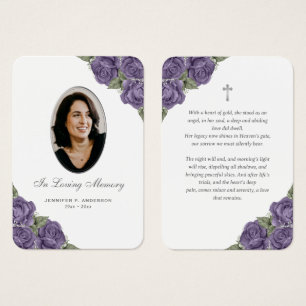 Purple Silver Floral Photo Memorial Prayer Card