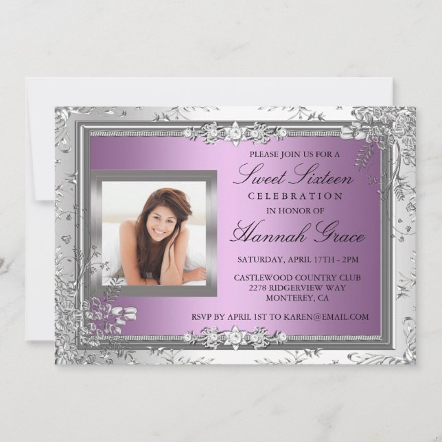 Purple & silver floral Photo Sweet Sixteen Invite (Front)