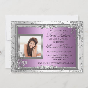 Purple & silver floral Photo Sweet Sixteen Invite