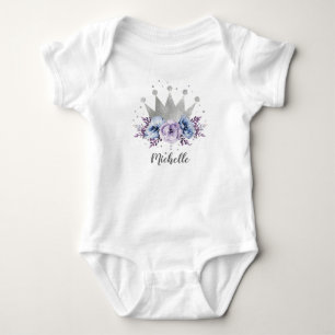 Purple Silver Floral Princess Crown Personalized Baby Bodysuit