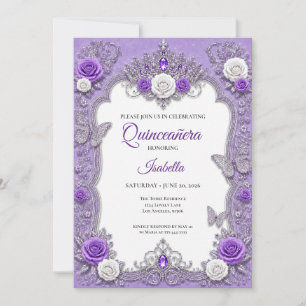 Purple Silver Floral Princess Quinceañera Invitation
