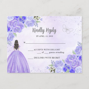 Purple Silver Floral Princess Quinceañera RSVP Postcard