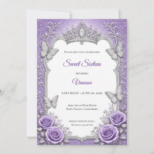 Purple Silver Floral Princess Sweet 16 Invitation