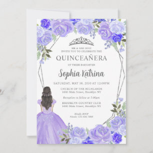 Purple Silver Floral Princess Tiara Quinceañera In Invitation