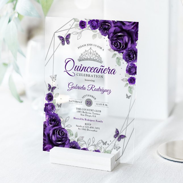 Purple Silver Floral Quinceanera Acrylic Invitations (Creator Uploaded)