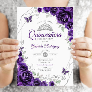 Purple Silver Floral Quinceanera Invitation