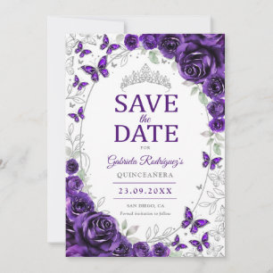 Purple Silver Floral Quinceanera Save The Date