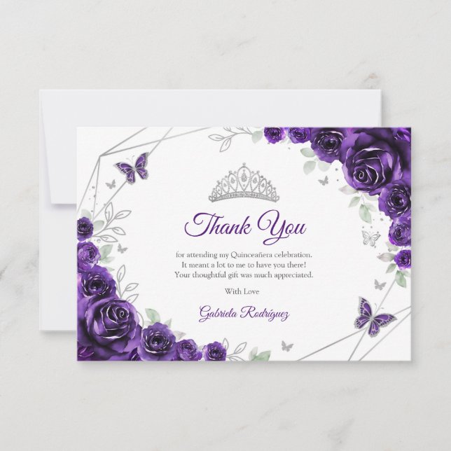 Purple Silver Floral Quinceanera Thank You Card (Front)