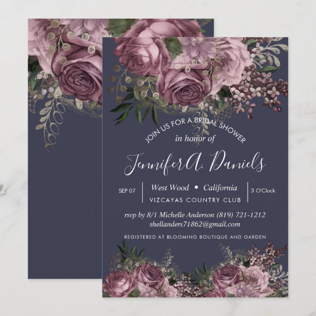 Purple Silver Floral Roses Bridal Shower Invitation (Front/Back)