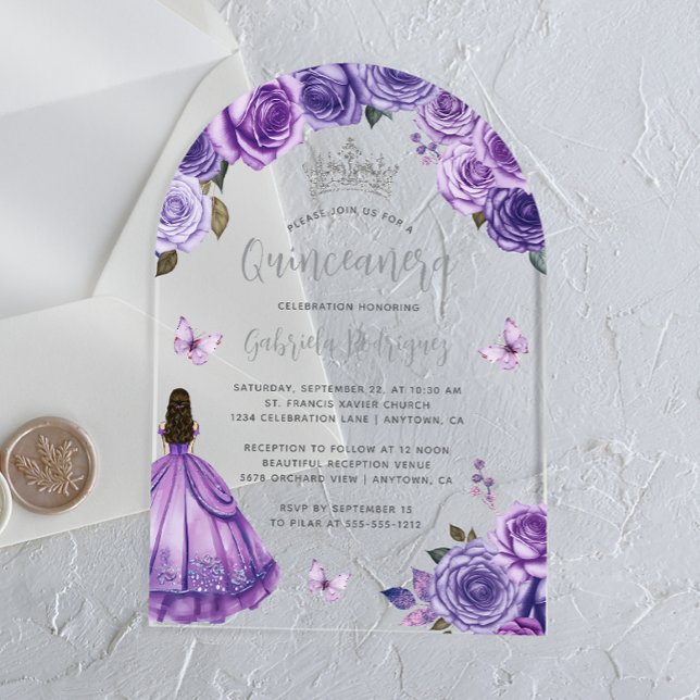 Purple Silver Floral Roses Watercolor Quinceañera Acrylic Invitations (Creator Uploaded)