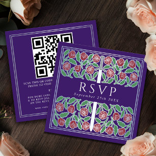 Purple Silver Floral Royal Wedding RSVP QR Code Enclosure Card